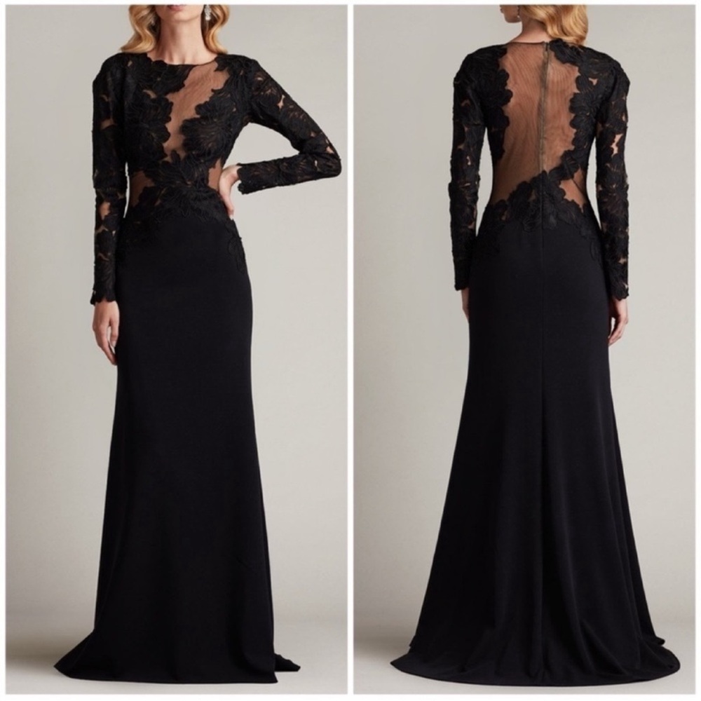 Tadashi Shoji Caselle Dress Embroidered Illusion Bodice Gown Long Sleeve Size 8